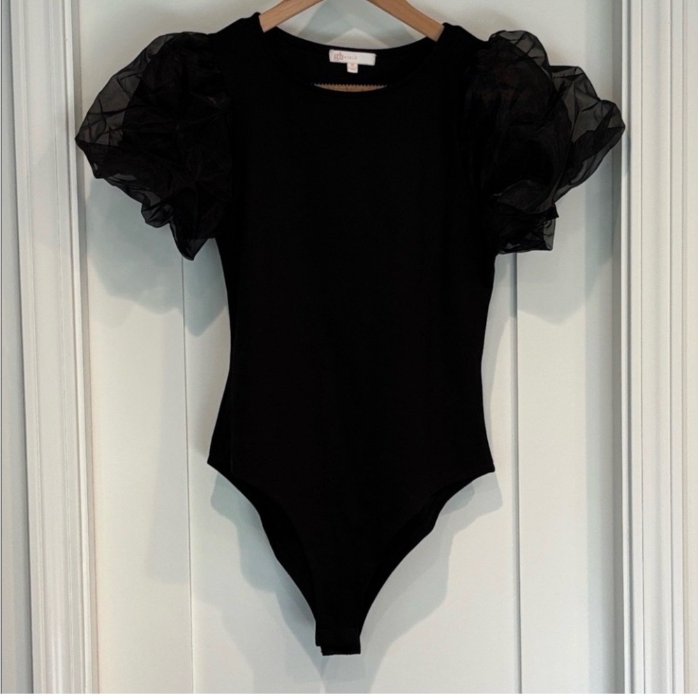 Girls Chic Black Bodysuit with Sheer Puff Sleeves